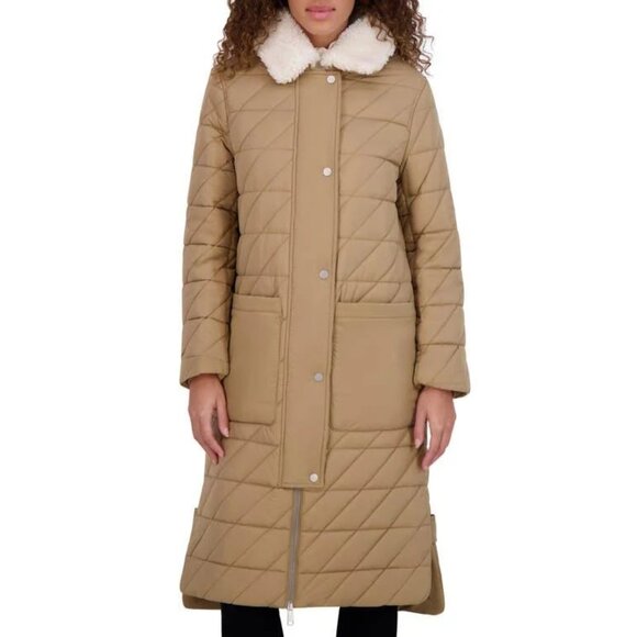 Andrew Marc Jackets & Blazers - NEW Andrew Marc Women Maxine Khaki Faux Shearling Collar Long Zip Quilted Coat